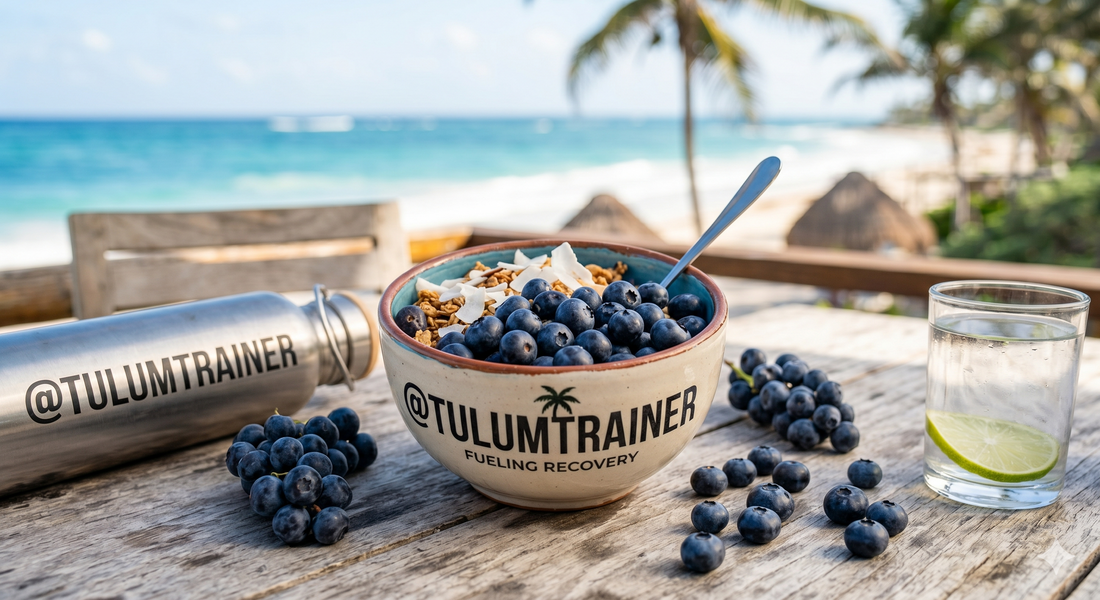 A healthy recovery bowl filled with fresh blueberries and coconut flakes on a rustic wooden table overlooking a sunny tropical beach. A ceramic bowl and stainless steel water bottle are branded with the text @TULUMTRAINER.