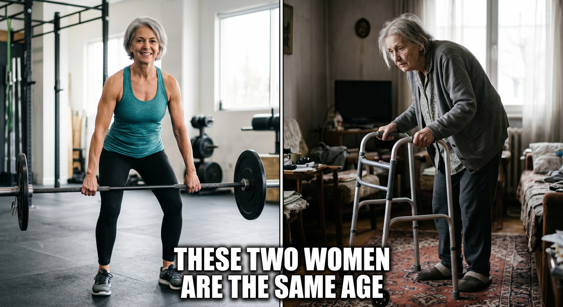 Split image contrasting fit older woman deadlifting and frail older woman with walker, with text 'THESE TWO WOMEN ARE THE SAME AGE'.