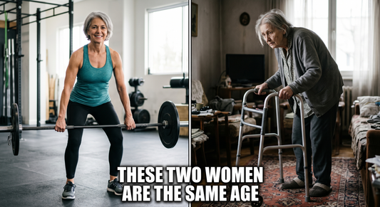 Split image contrasting fit older woman deadlifting and frail older woman with walker, with text 'THESE TWO WOMEN ARE THE SAME AGE'.