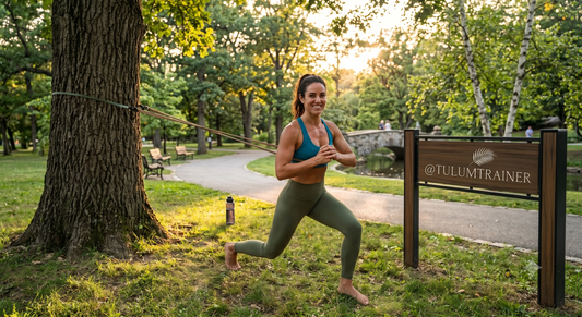 An athletic woman doing a barefoot lunge with a resistance band in a sunlit park next to a @TulumTrainer sign.