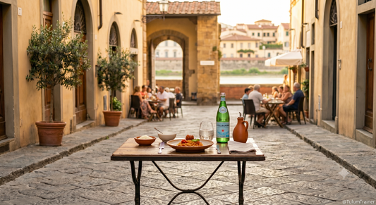 A rustic wooden table set on a cobblestone street in Italy during the golden hour. On the table is a perfectly portioned plate of pasta topped with a meatball, a green bottle of sparkling water, a glass of water, an olive oil jug.