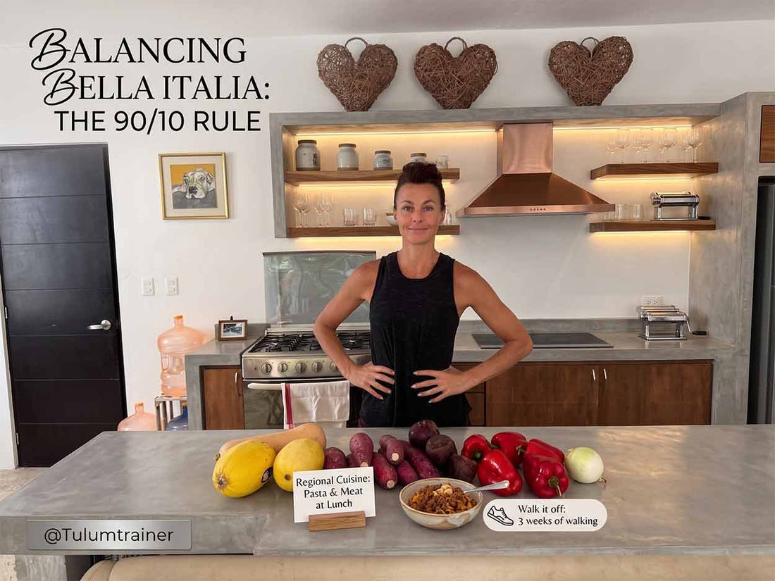 Circular avatar image of Kate from @Tulumtrainer standing in her kitchen behind a counter filled with fresh vegetables, featuring a "90/10 Rule" chart and the text "Italy -> Home Restock".