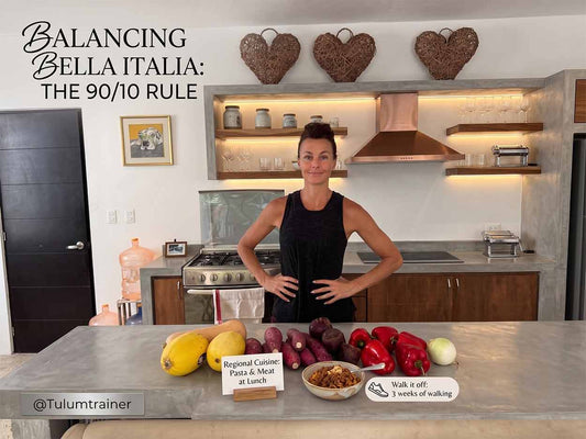 Circular avatar image of Kate from @Tulumtrainer standing in her kitchen behind a counter filled with fresh vegetables, featuring a "90/10 Rule" chart and the text "Italy -> Home Restock".